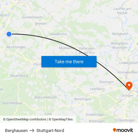 Berghausen to Stuttgart-Nord map