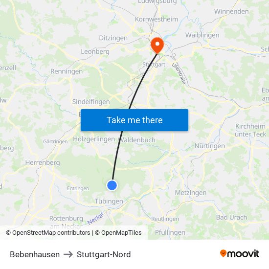 Bebenhausen to Stuttgart-Nord map