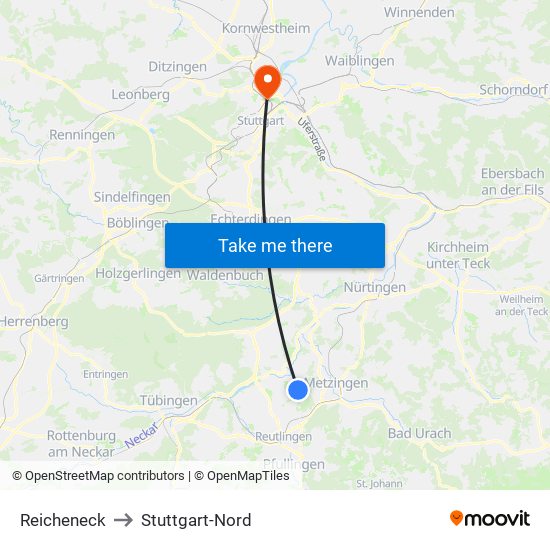 Reicheneck to Stuttgart-Nord map