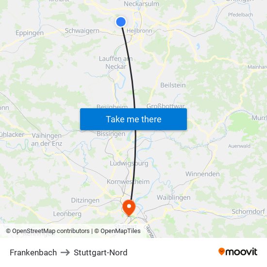 Frankenbach to Stuttgart-Nord map