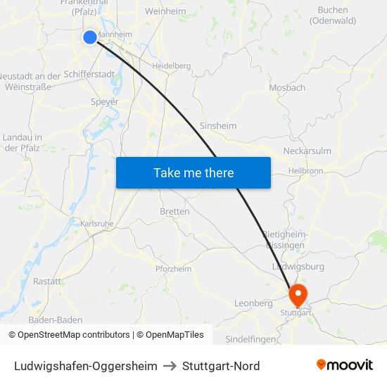 Ludwigshafen-Oggersheim to Stuttgart-Nord map