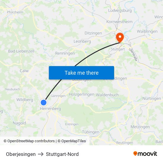 Oberjesingen to Stuttgart-Nord map