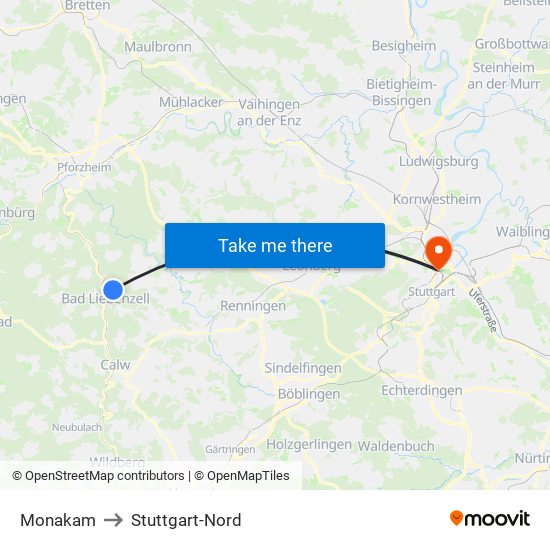 Monakam to Stuttgart-Nord map