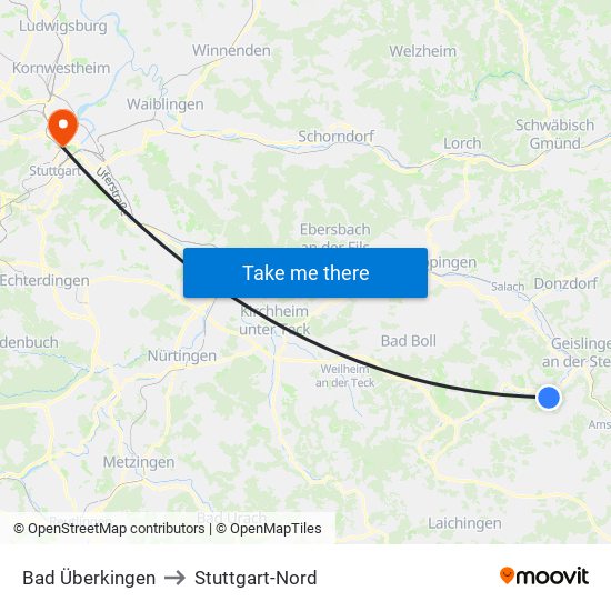 Bad Überkingen to Stuttgart-Nord map