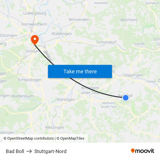 Bad Boll to Stuttgart-Nord map