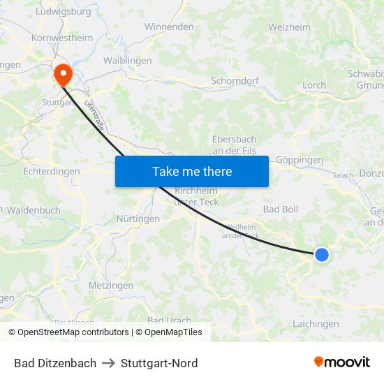 Bad Ditzenbach to Stuttgart-Nord map