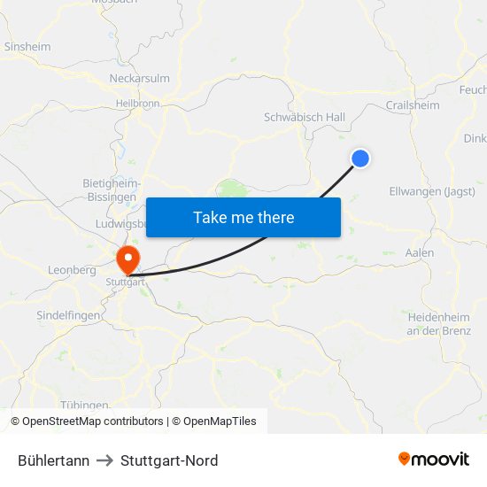 Bühlertann to Stuttgart-Nord map