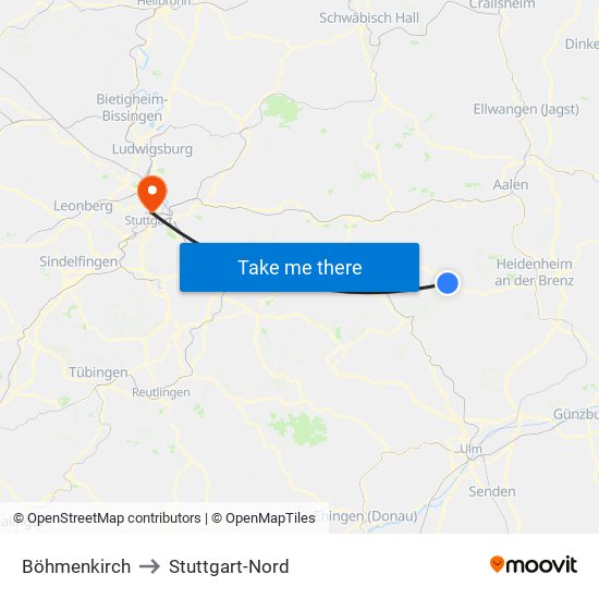 Böhmenkirch to Stuttgart-Nord map