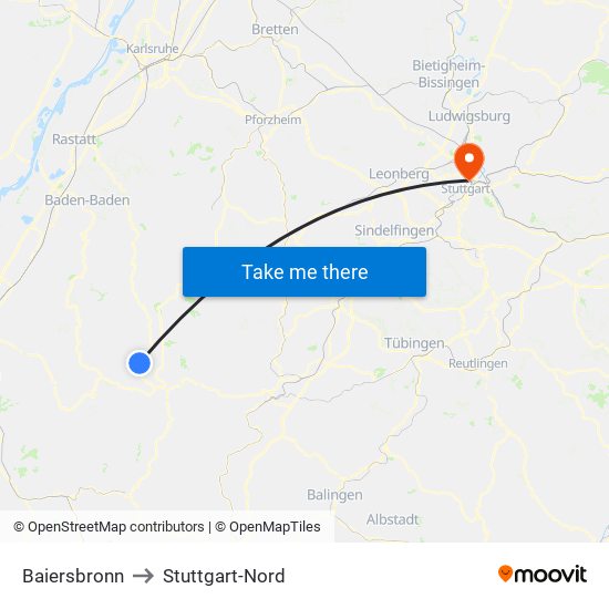 Baiersbronn to Stuttgart-Nord map