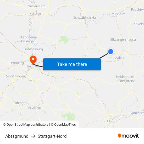 Abtsgmünd to Stuttgart-Nord map