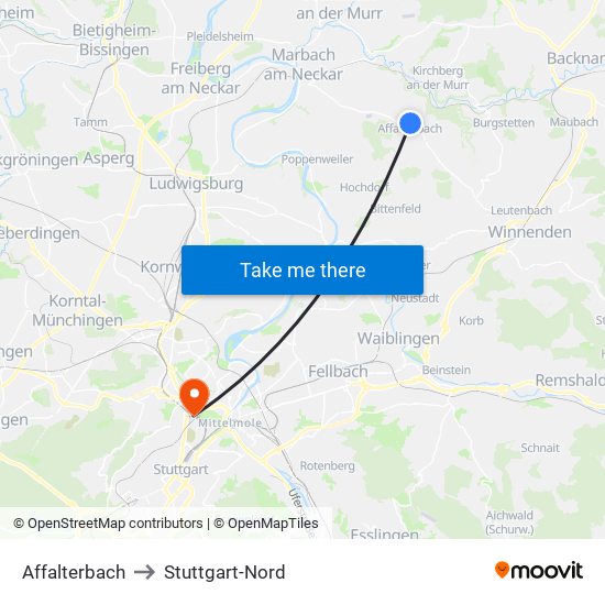 Affalterbach to Stuttgart-Nord map