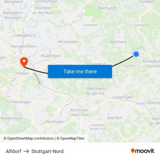 Alfdorf to Stuttgart-Nord map