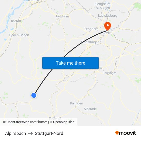 Alpirsbach to Stuttgart-Nord map