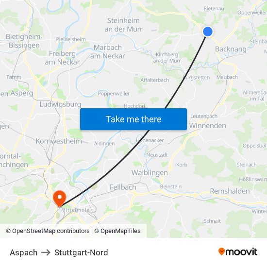 Aspach to Stuttgart-Nord map