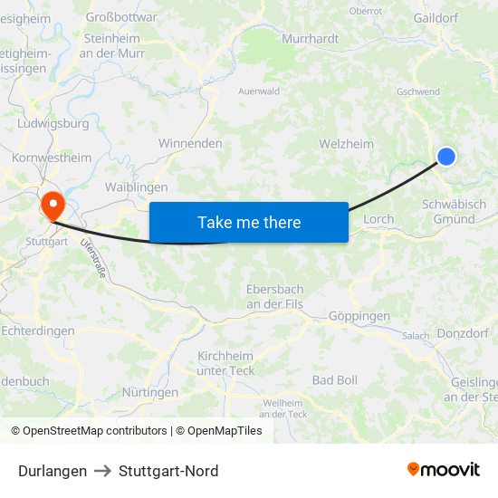 Durlangen to Stuttgart-Nord map