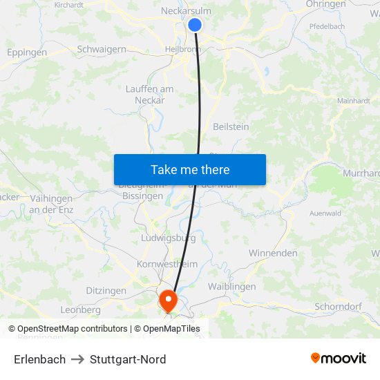 Erlenbach to Stuttgart-Nord map