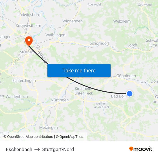 Eschenbach to Stuttgart-Nord map