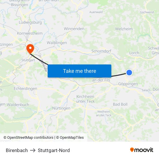 Birenbach to Stuttgart-Nord map