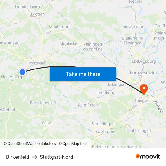 Birkenfeld to Stuttgart-Nord map