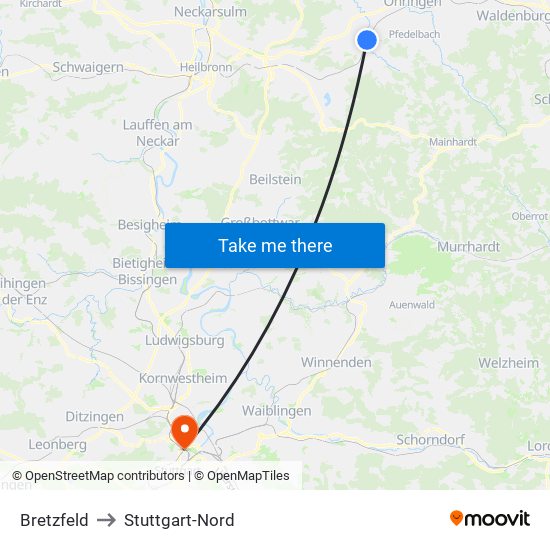 Bretzfeld to Stuttgart-Nord map