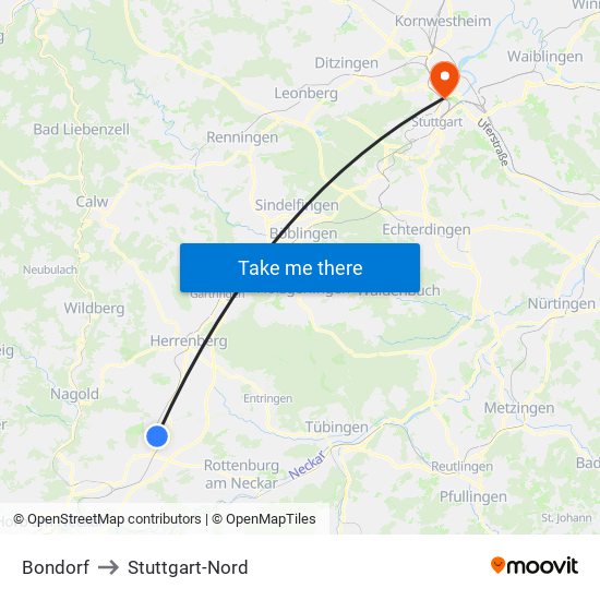 Bondorf to Stuttgart-Nord map