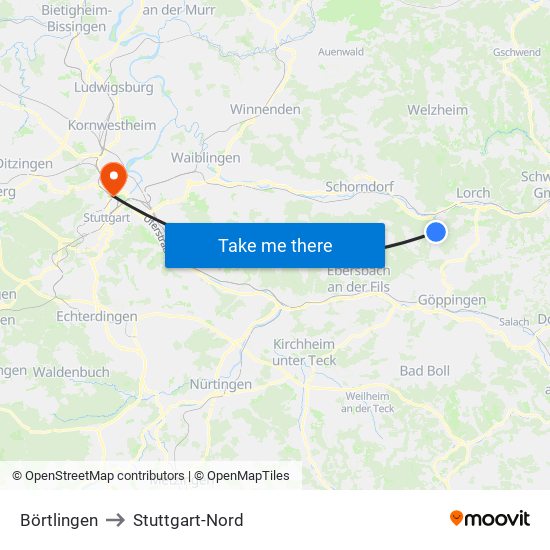 Börtlingen to Stuttgart-Nord map