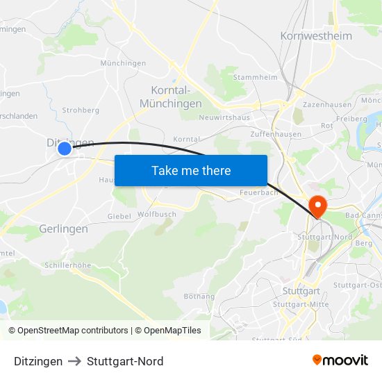 Ditzingen to Stuttgart-Nord map
