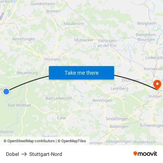 Dobel to Stuttgart-Nord map