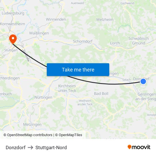 Donzdorf to Stuttgart-Nord map