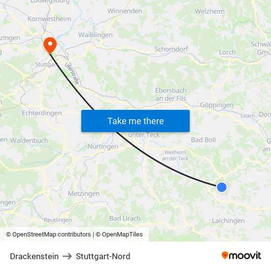 Drackenstein to Stuttgart-Nord map