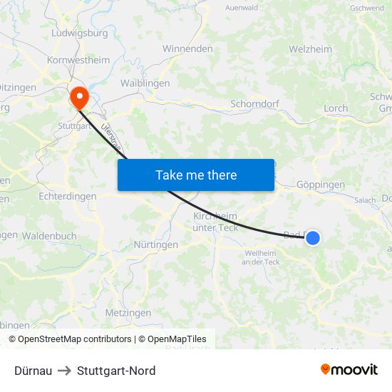 Dürnau to Stuttgart-Nord map