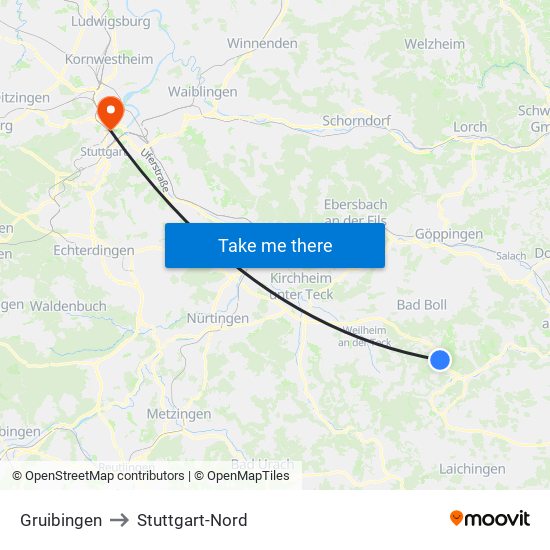 Gruibingen to Stuttgart-Nord map