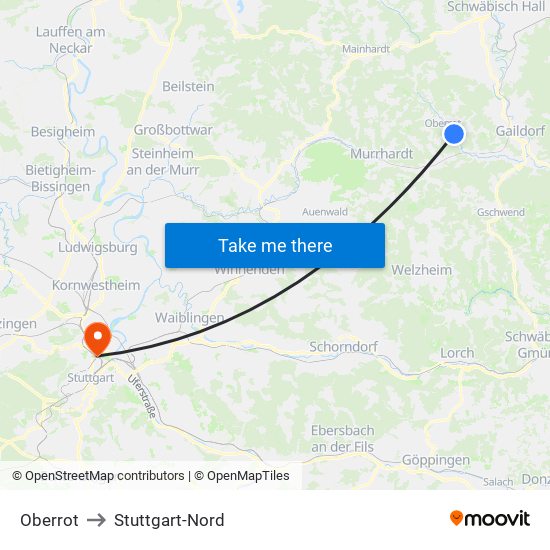 Oberrot to Stuttgart-Nord map