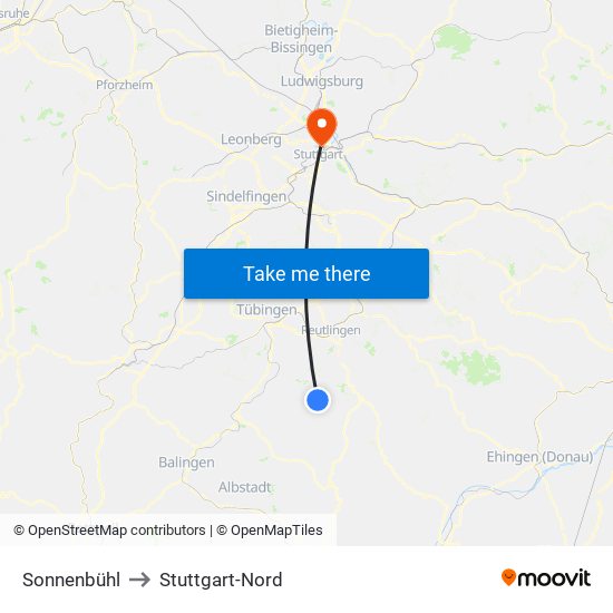 Sonnenbühl to Stuttgart-Nord map
