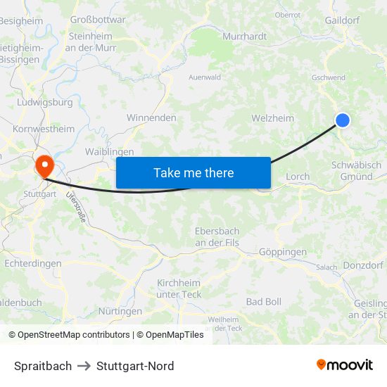 Spraitbach to Stuttgart-Nord map