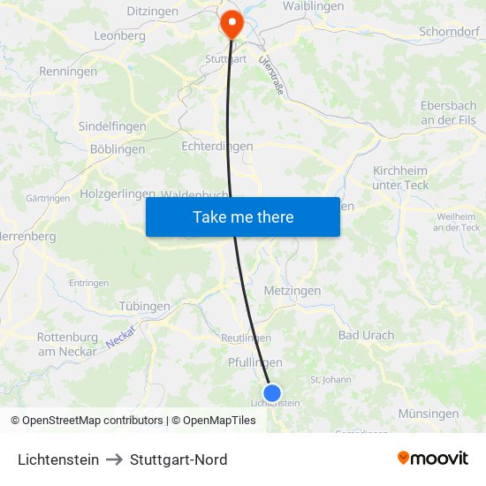 Lichtenstein to Stuttgart-Nord map