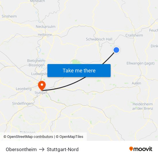 Obersontheim to Stuttgart-Nord map