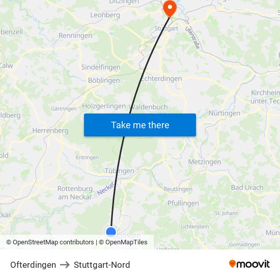 Ofterdingen to Stuttgart-Nord map