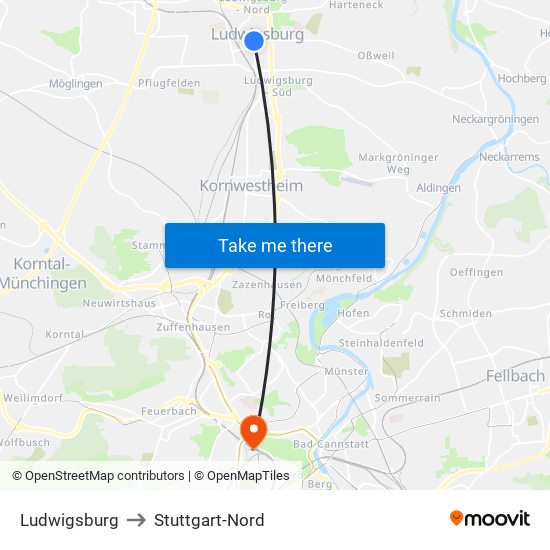 Ludwigsburg to Stuttgart-Nord map