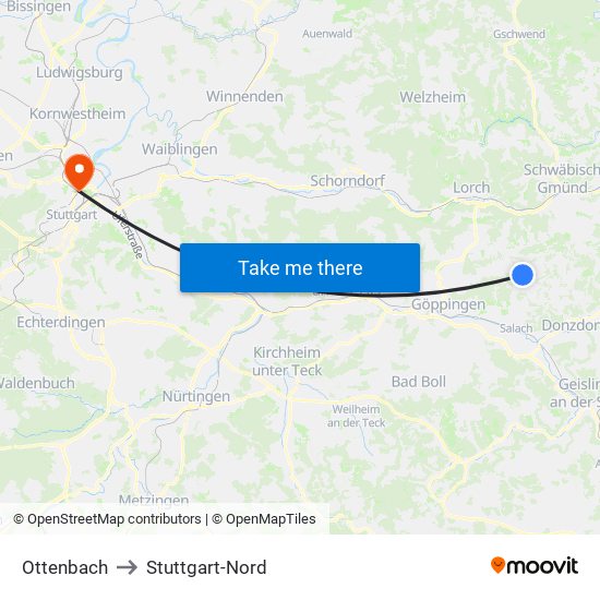 Ottenbach to Stuttgart-Nord map