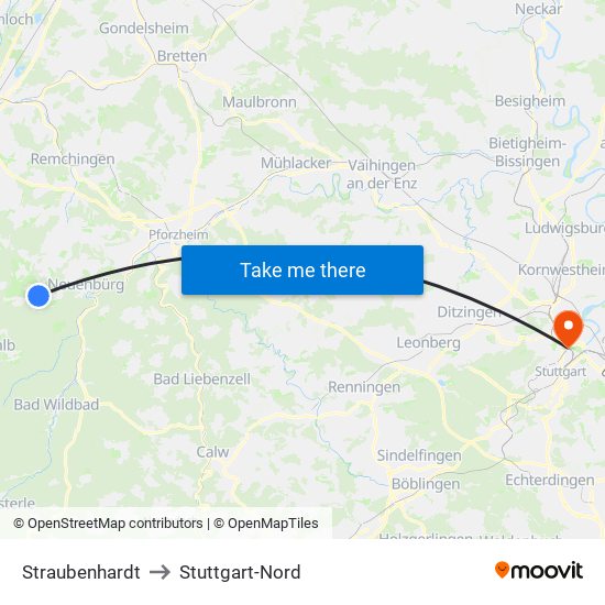 Straubenhardt to Stuttgart-Nord map