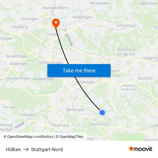 Hülben to Stuttgart-Nord map