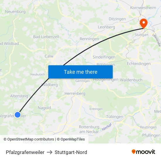 Pfalzgrafenweiler to Stuttgart-Nord map