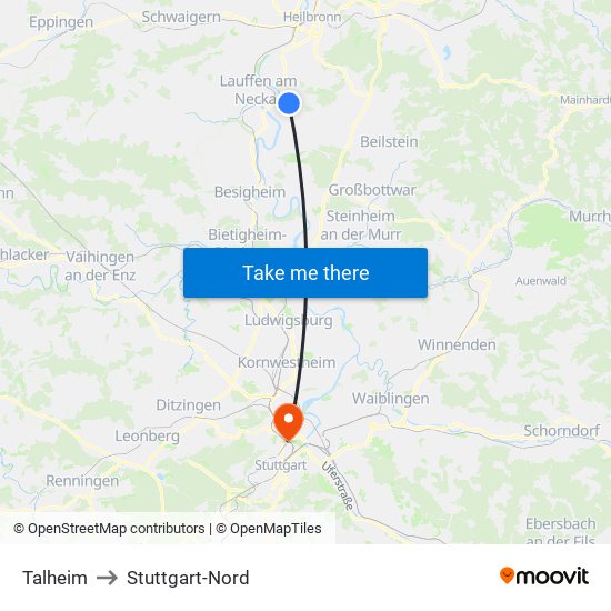 Talheim to Stuttgart-Nord map