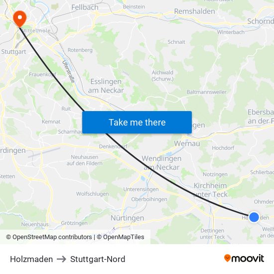Holzmaden to Stuttgart-Nord map