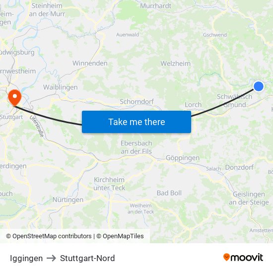 Iggingen to Stuttgart-Nord map
