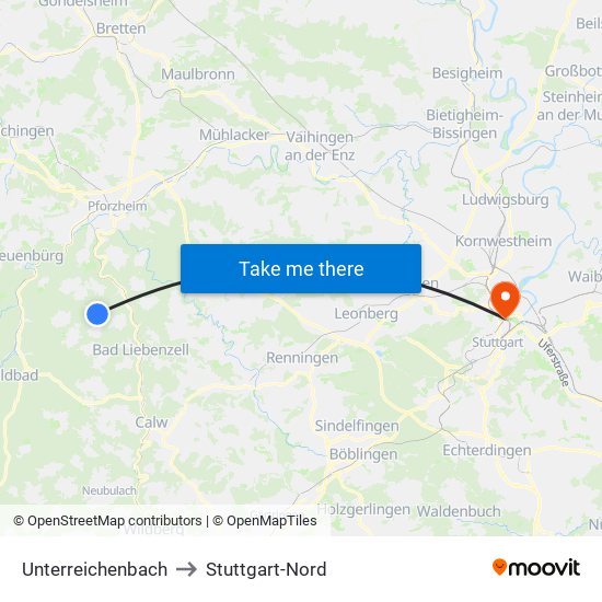 Unterreichenbach to Stuttgart-Nord map