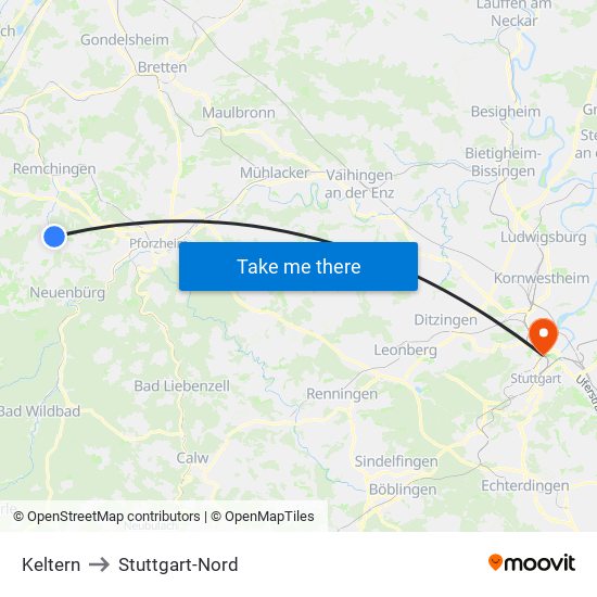 Keltern to Stuttgart-Nord map