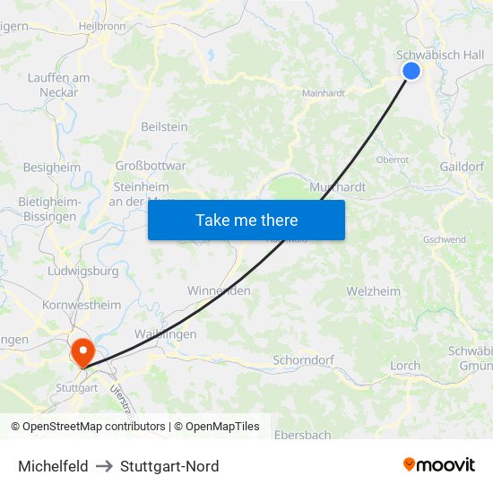 Michelfeld to Stuttgart-Nord map