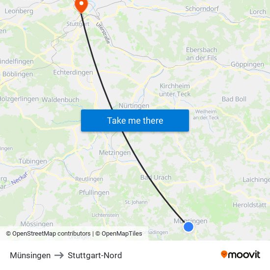 Münsingen to Stuttgart-Nord map